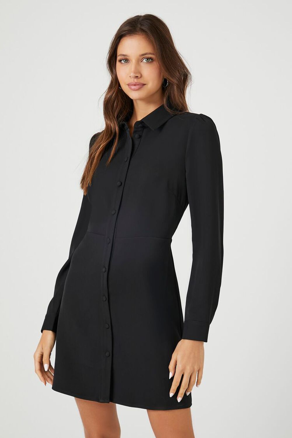BLACK Collared Button-Front Mini Dress, image 1