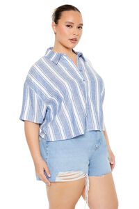 BLUE/WHITE Plus Size Striped Linen-Blend Shirt, image 2