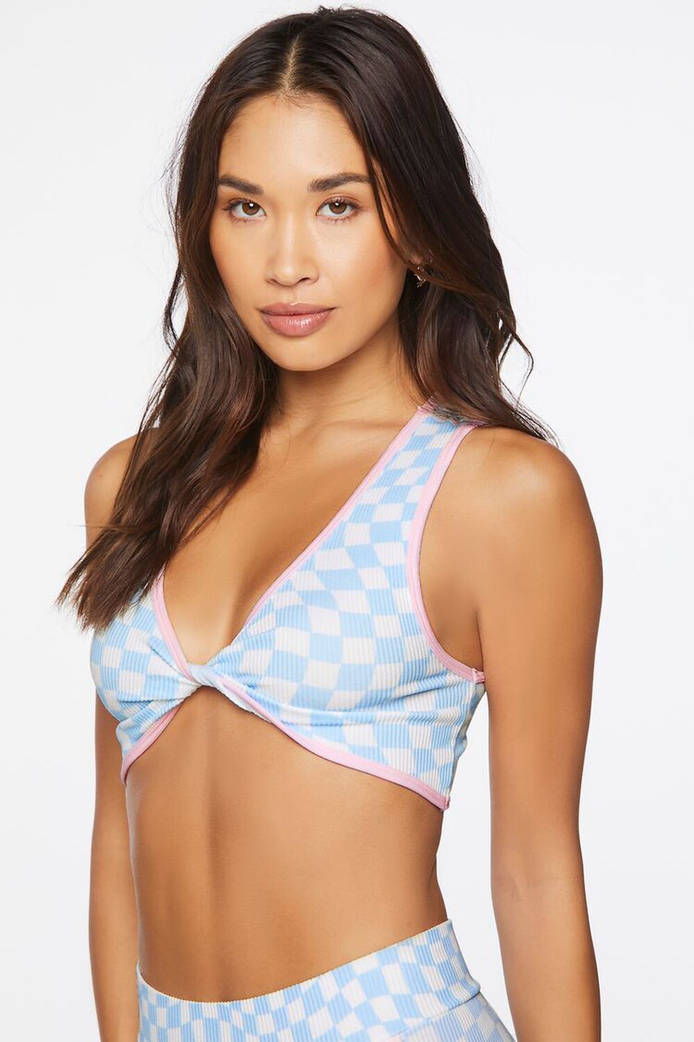 SKY BLUE/LIGHT PINK Checkered Seamless Twist-Front Bralette, image 1