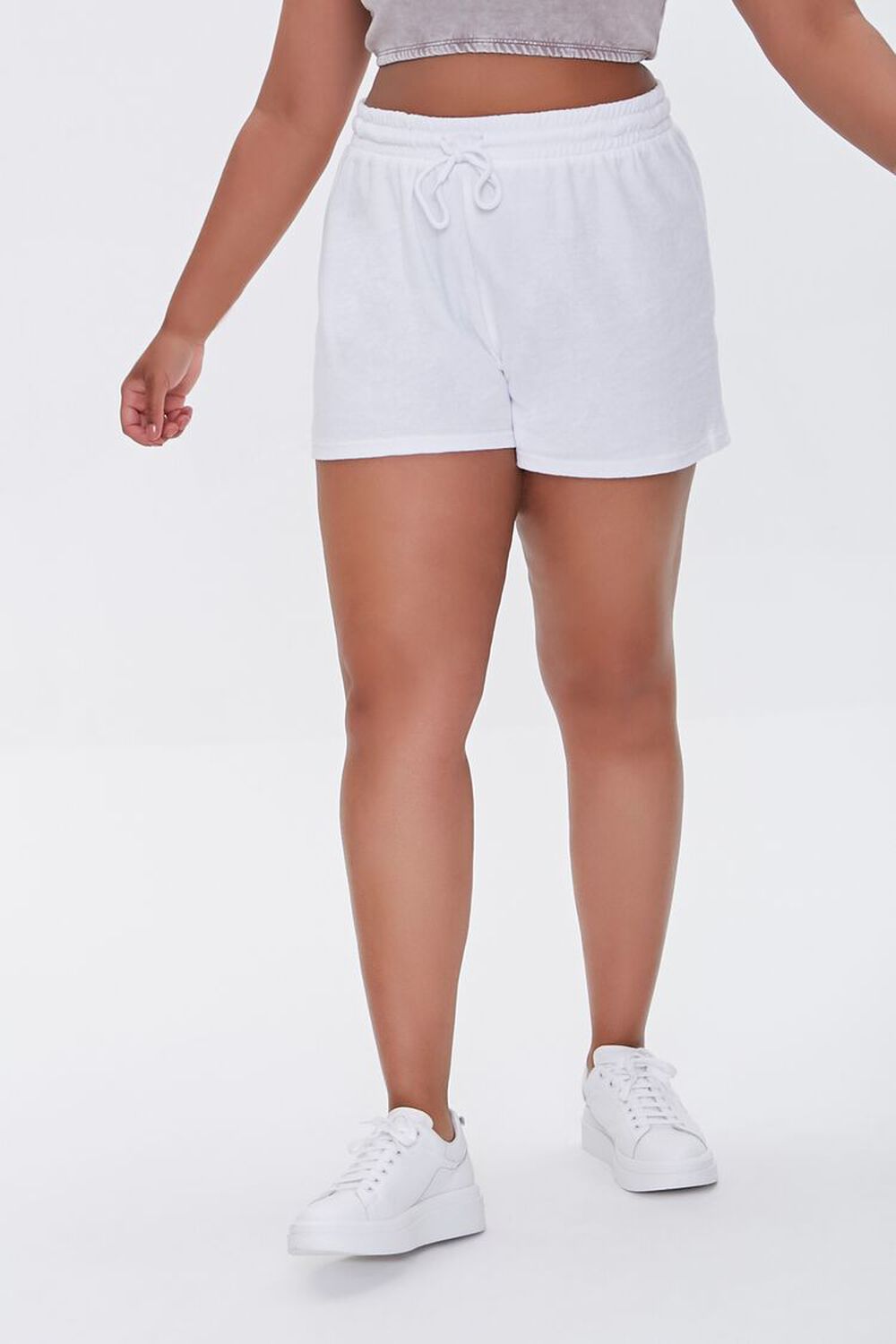 WHITE Plus Size French Terry Drawstring Shorts, image 2