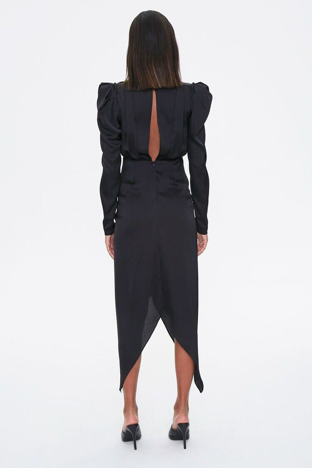 BLACK Ruched Puff-Sleeve Midi Dress, image 3