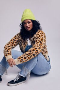 BROWN/MULTI Plus Size Fuzzy Leopard Print Cardigan Sweater, image 1