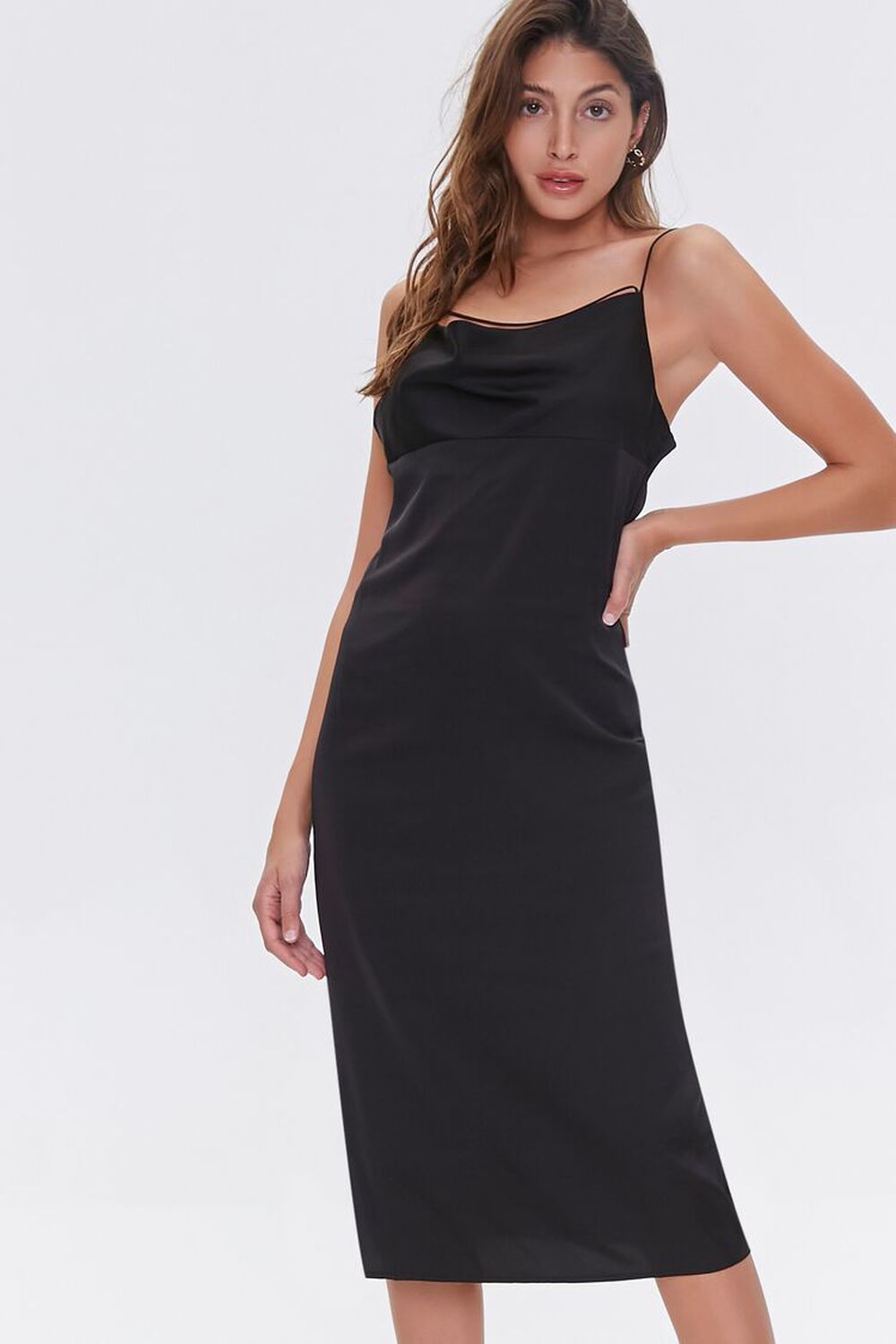 BLACK Satin Cowl-Neck Slip Dress, image 2