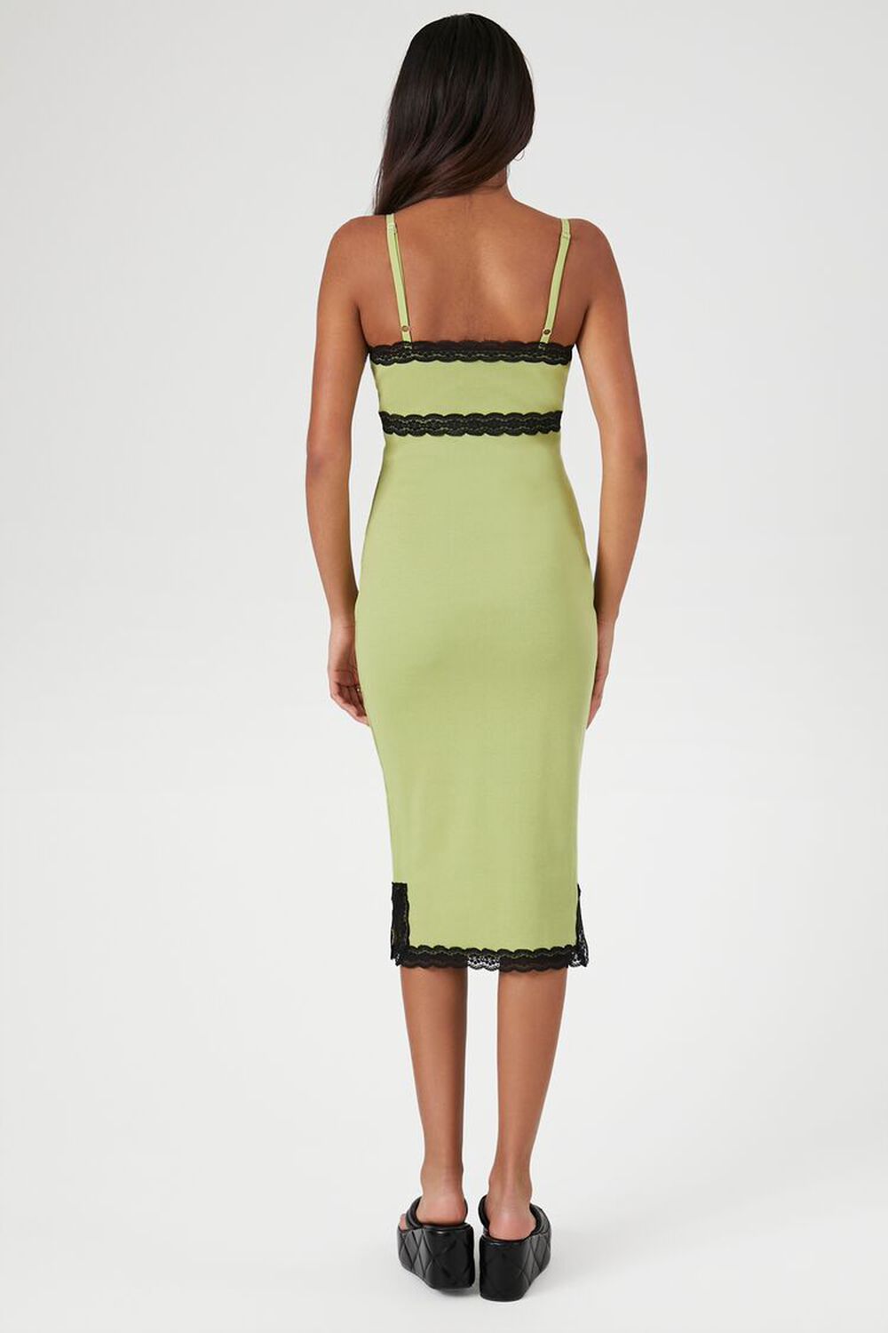 GREEN/BLACK Ribbed Lace-Trim Midi Dress, image 3