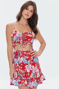 RED/MULTI Tropical Print Lace-Front Mini Dress, image 1