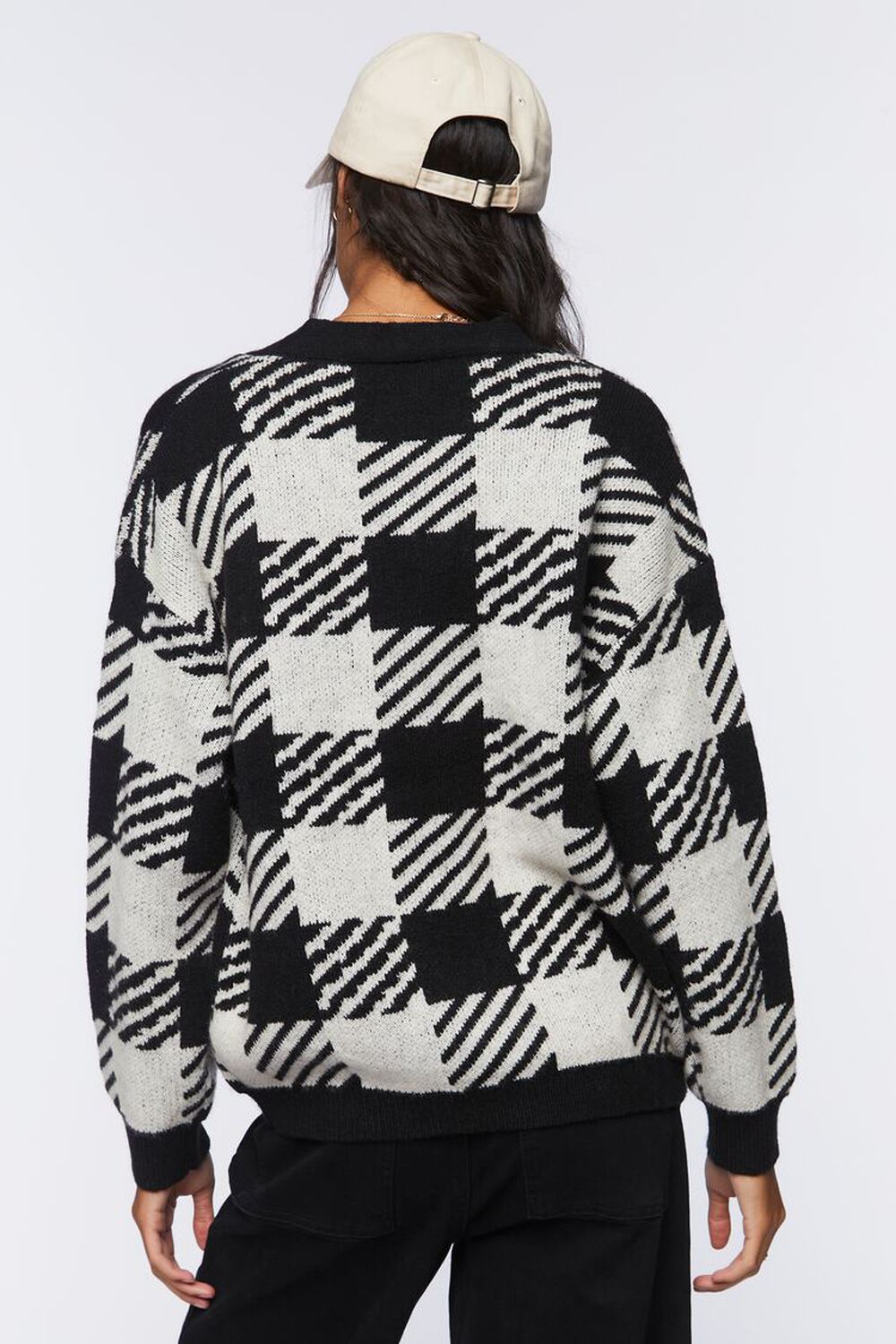 BLACK/CREAM Checkered Cardigan Sweater, image 3