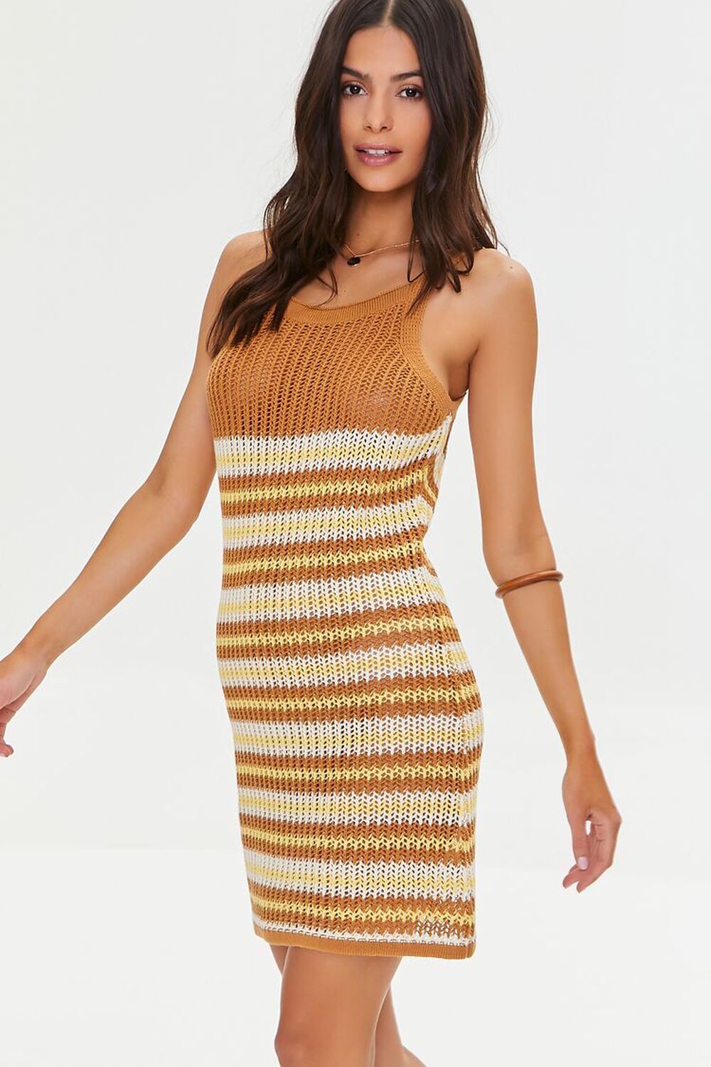 TAN/MULTI Striped Crochet Mini Dress, image 1