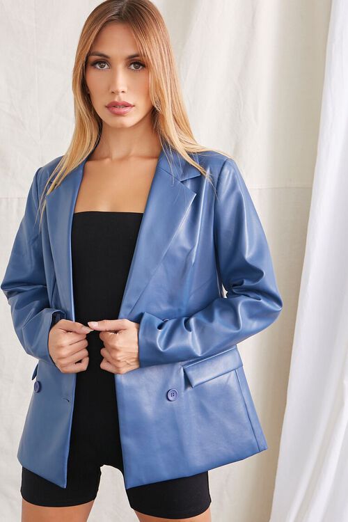 BLUE Faux Leather Double-Breasted Jacket, image 1