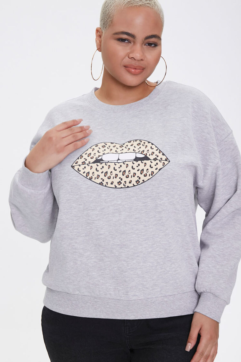 HEATHER GREY/MULTI Plus Size Leopard Lips Sweatshirt, image 1