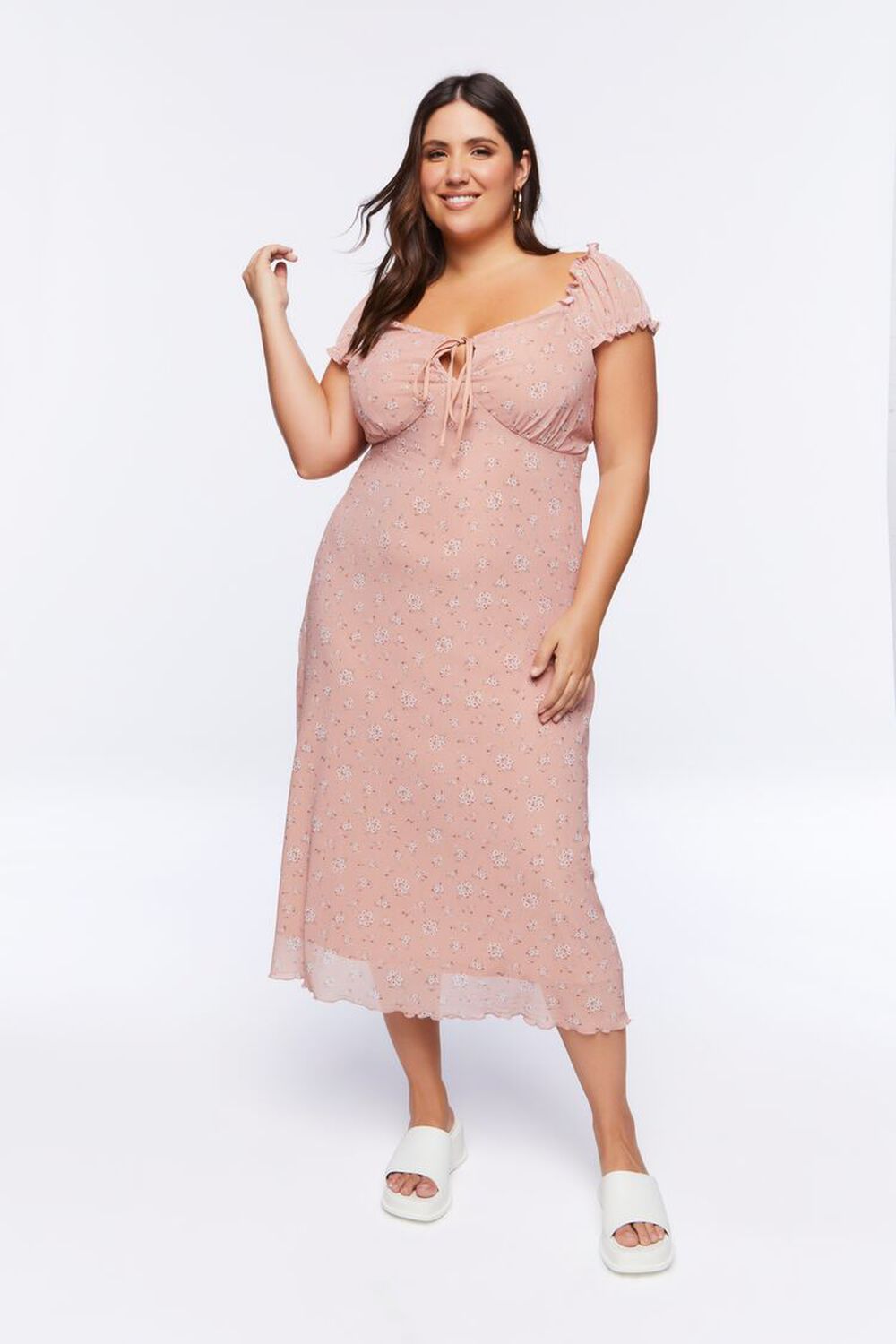 BLUSH/MULTI Plus Size Floral Puff-Sleeve Midi Dress, image 1