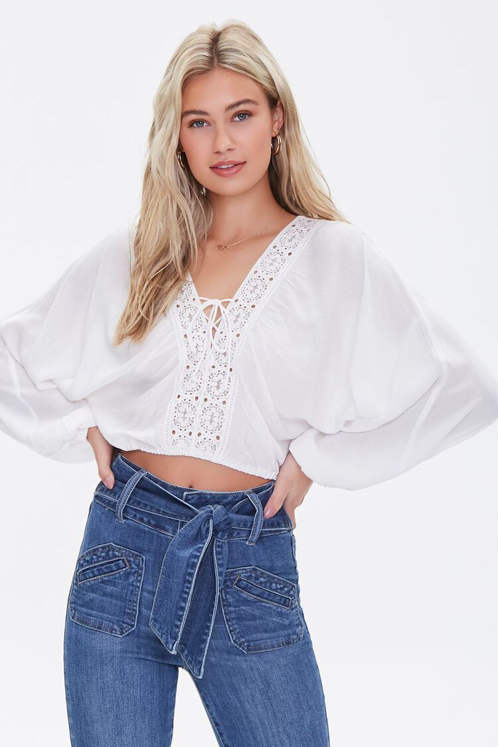 IVORY Lace-Up Dolman Crop Top, image 1