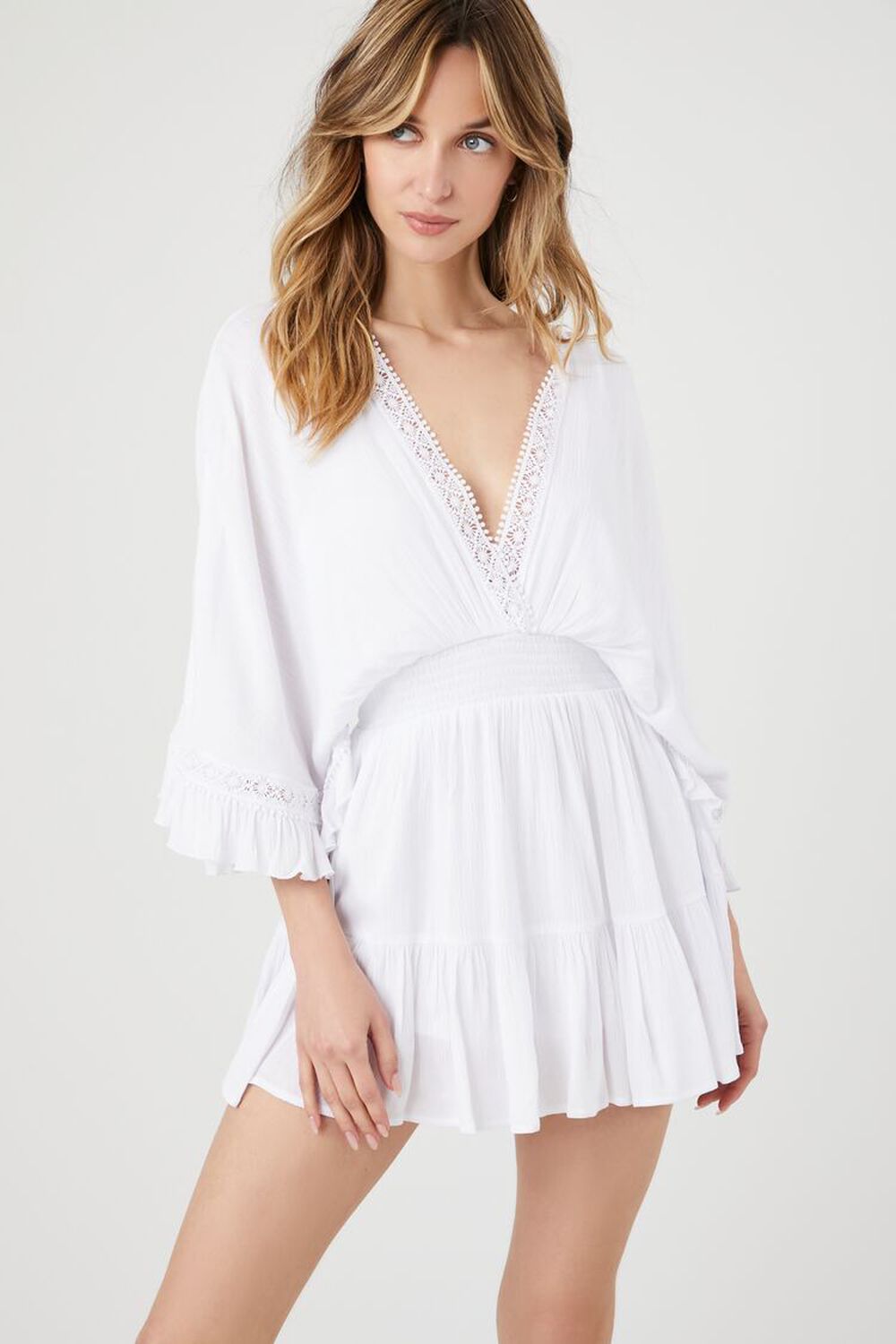 WHITE Crepe Butterfly-Sleeve Mini Dress, image 1