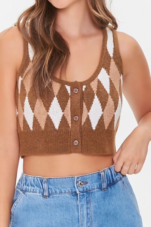 BROWN/MULTI Argyle Sweater-Knit Crop Top, image 1