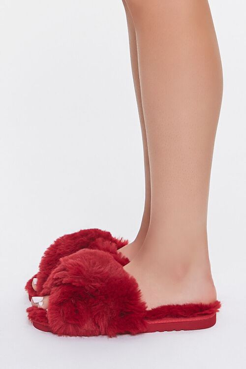 RED Faux Fur Open-Toe Slippers, image 2
