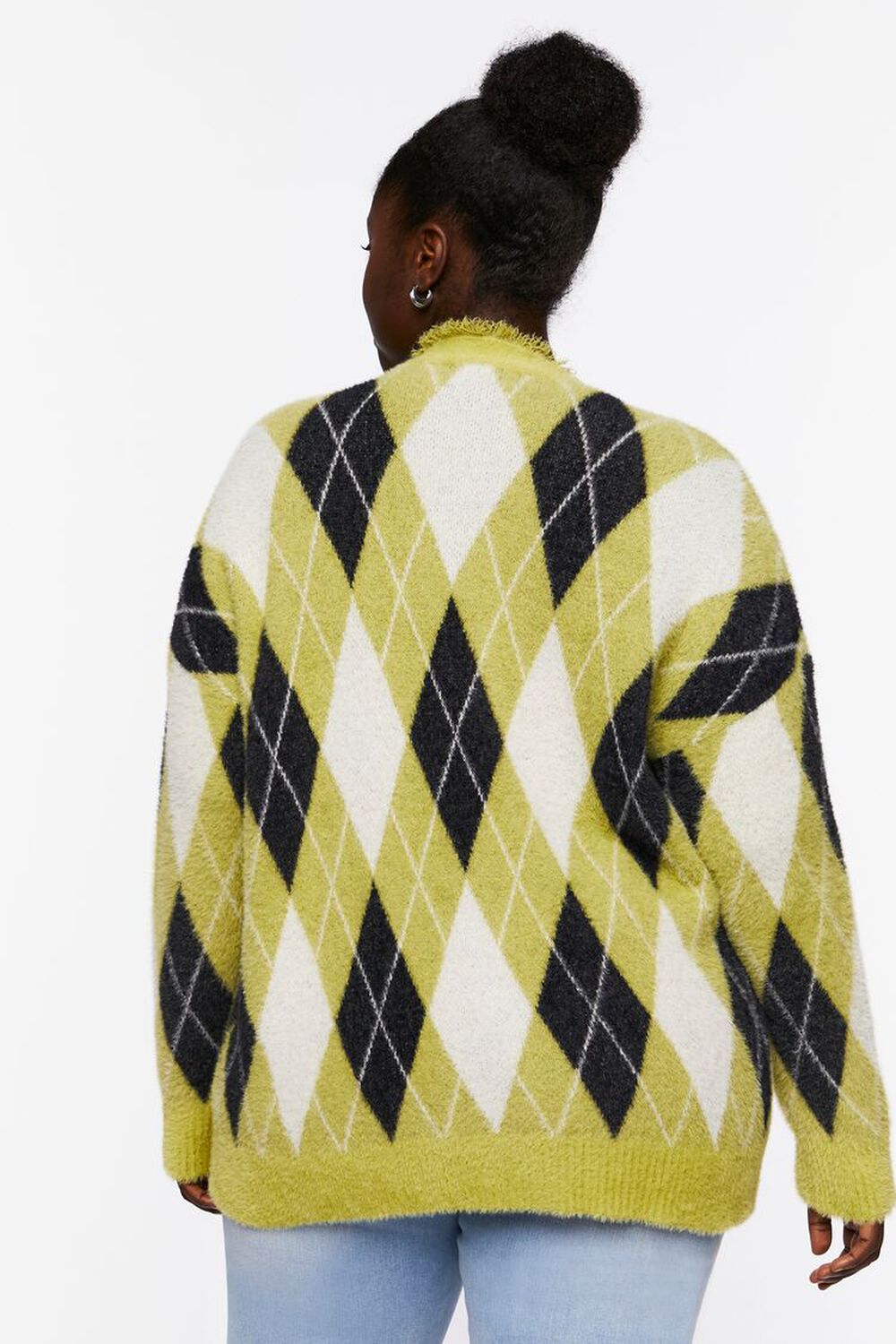 GREEN/MULTI Plus Size Fuzzy Argyle Cardigan Sweater, image 3