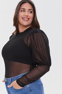 BLACK Plus Size Mesh Gigot Sleeve Bodysuit, image 2