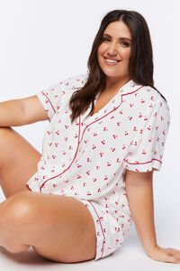 WHITE/RUBY Plus Size Piped-Trim Shirt & Shorts Pajama Set, image 1