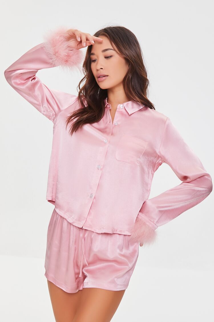 Ladies Silky Satin Night Shirt with One Chest Pocket Short Sleeves 