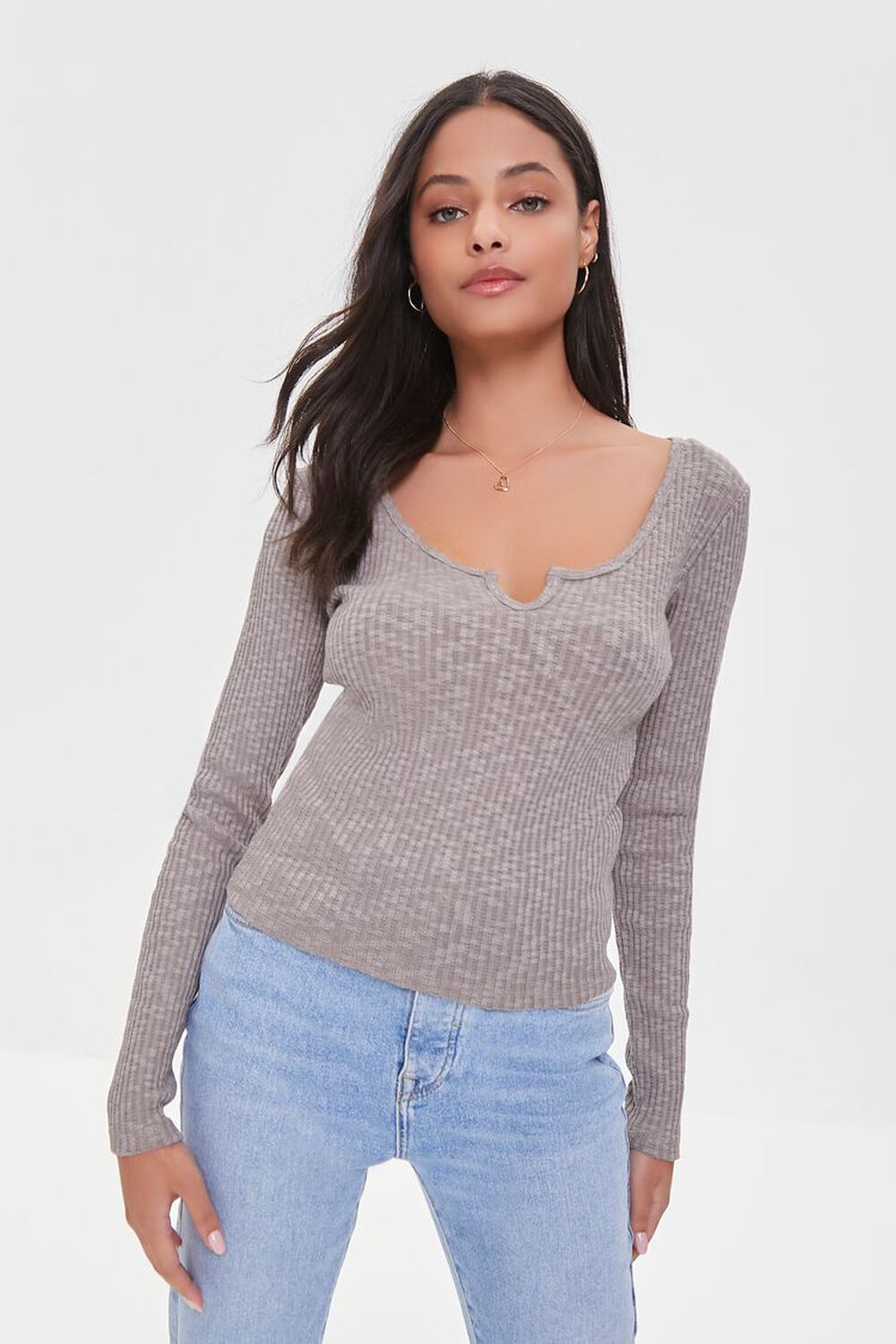 TAUPE Long-Sleeve Ribbed Knit Top, image 1