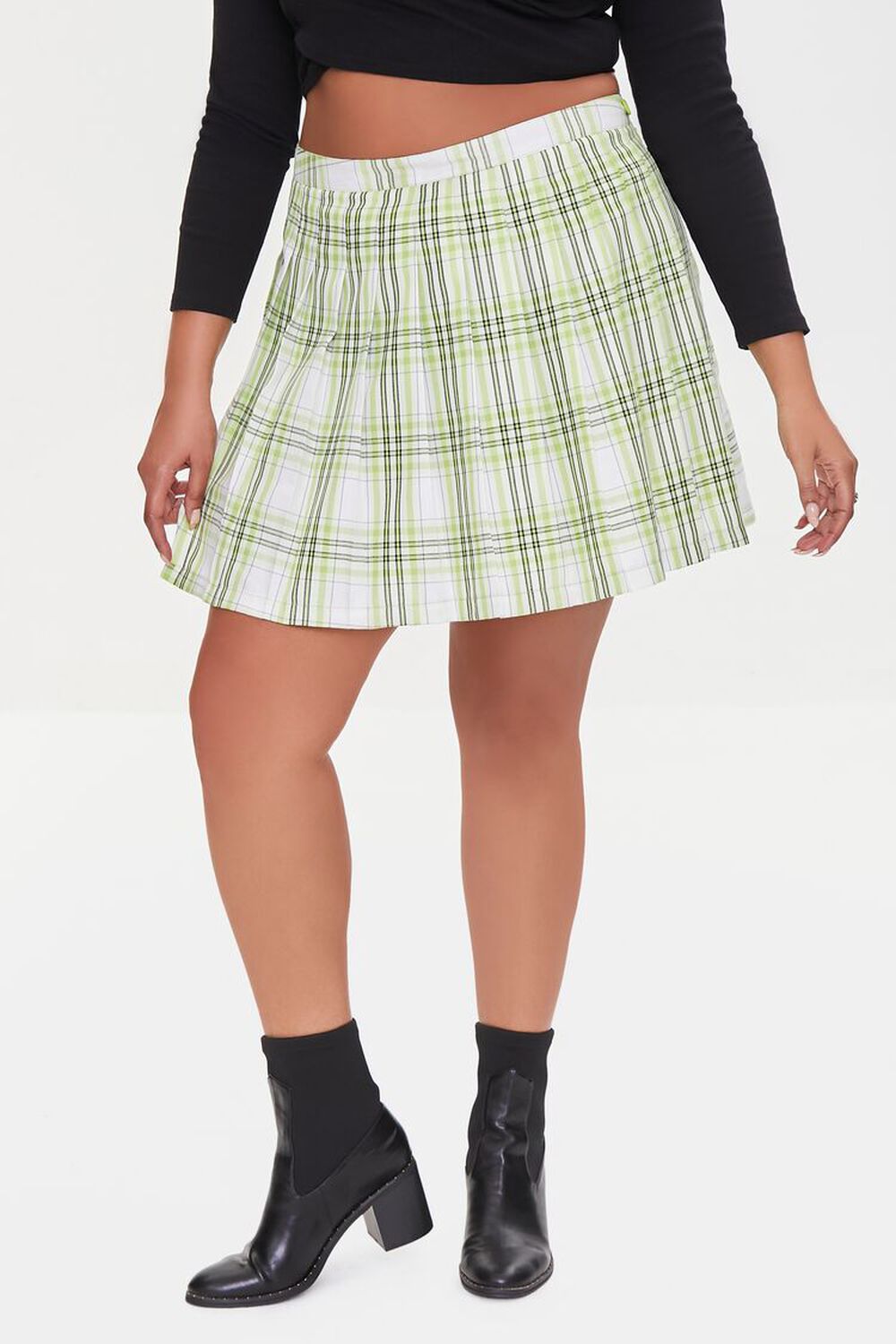 LIME/MULTI Plus Size Pleated Plaid Mini Skirt, image 2