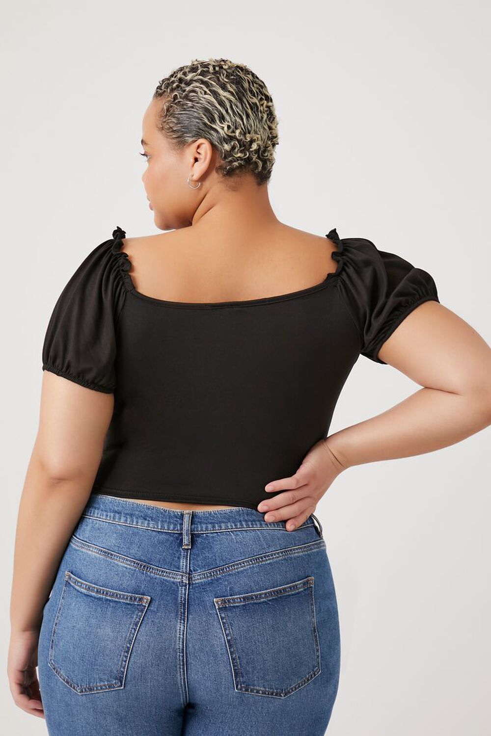 Plus Size Ruched Puff-Sleeve Crop Top, image 3