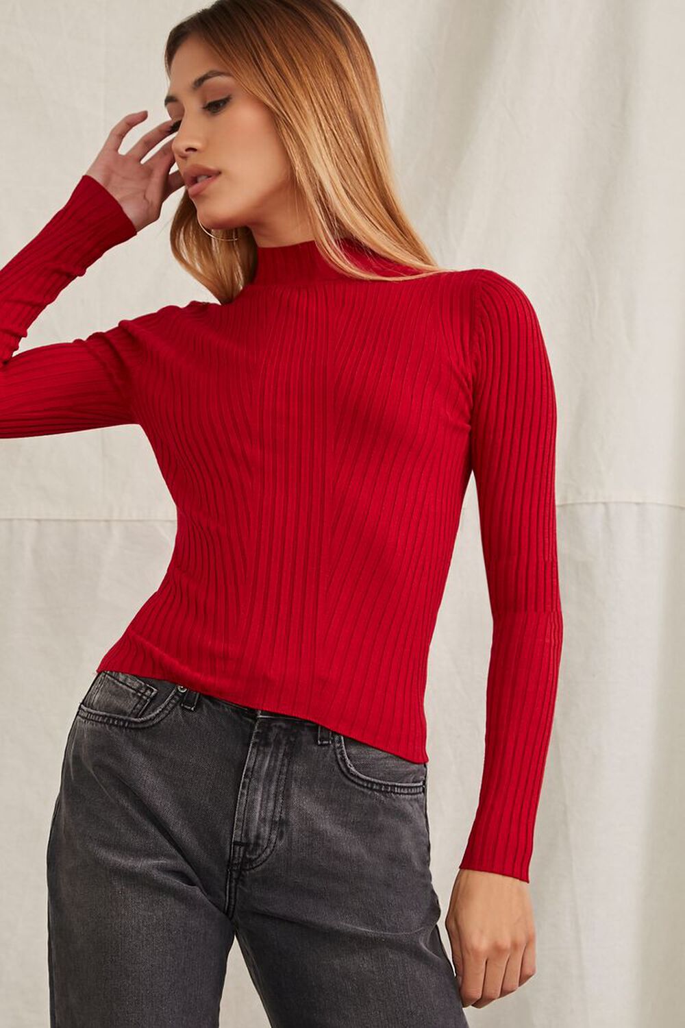 RED Ribbed Mock Neck Sweater, image 1