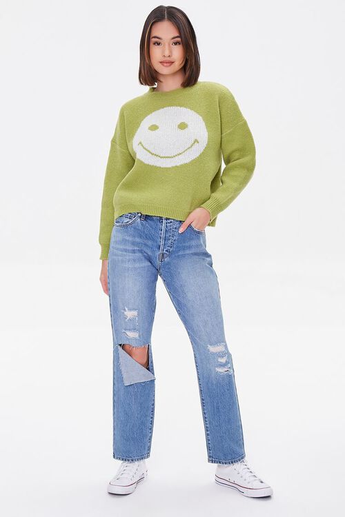 AVOCADO/WHITE Happy Face Drop-Sleeve Sweater, image 4