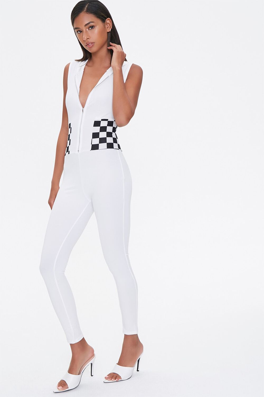 WHITE/BLACK Hooded Checker Jumpsuit, image 1