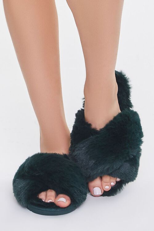 GREEN Faux Fur Open-Toe Slippers, image 4