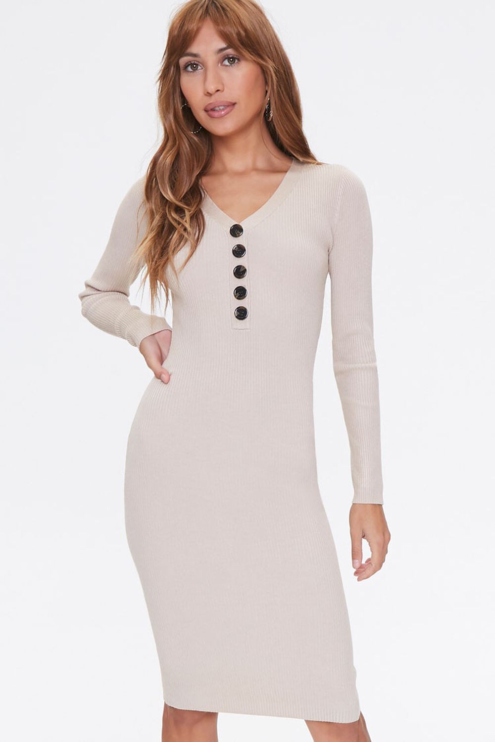 TAUPE Ribbed Sweater-Knit Dress, image 1