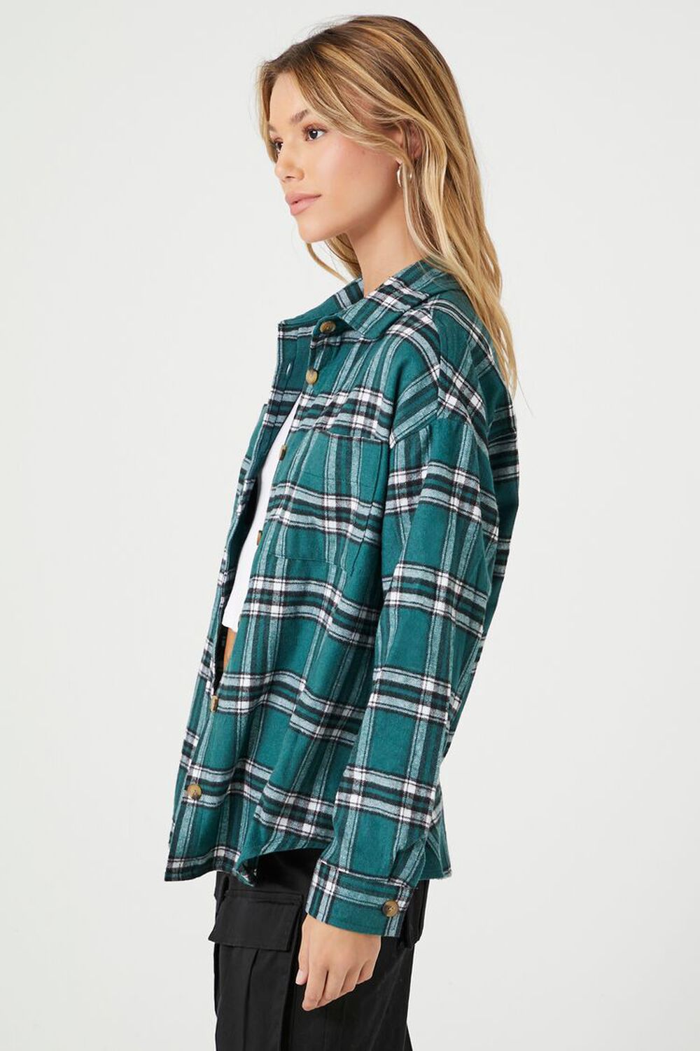 GREEN/MULTI Plaid Flannel Curved-Hem Shirt, image 3