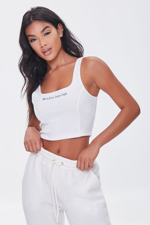 WHITE/BLUE Embroidered Inner Light Velour Crop Top, image 1