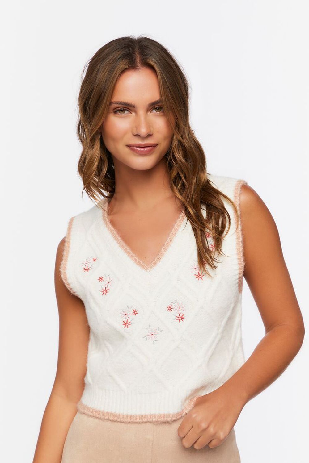 VANILLA/PINK Floral Embroidered Sweater Vest, image 1