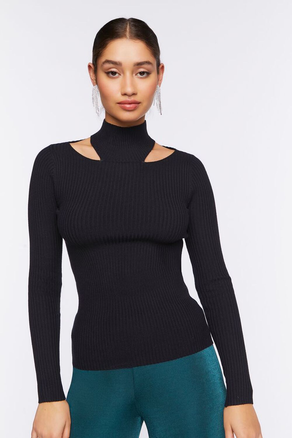 BLACK Ribbed Cutout Sweater-Knit Top, image 1