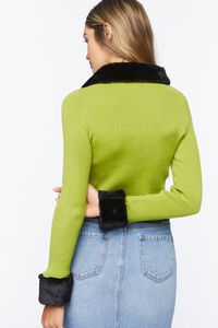 OLIVINE /BLACK Faux Fur-Trim Zip-Up Sweater, image 3