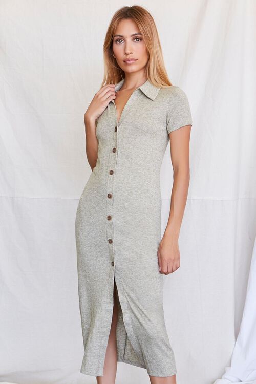 LIGHT OLIVE Heathered Button-Front Shirt Dress, image 1