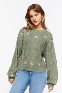 GREEN/TAN Embroidered Floral Cable Knit Sweater, image 2