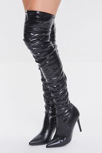 BLACK Faux Croc Leather Thigh-High Boots, image 1