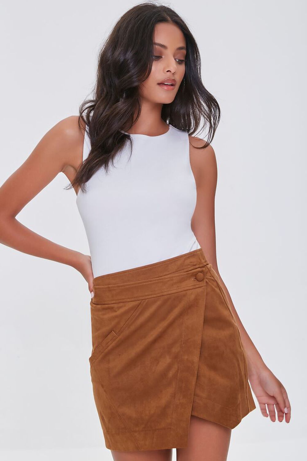 CAMEL Faux Suede Wrap-Front Skirt, image 1