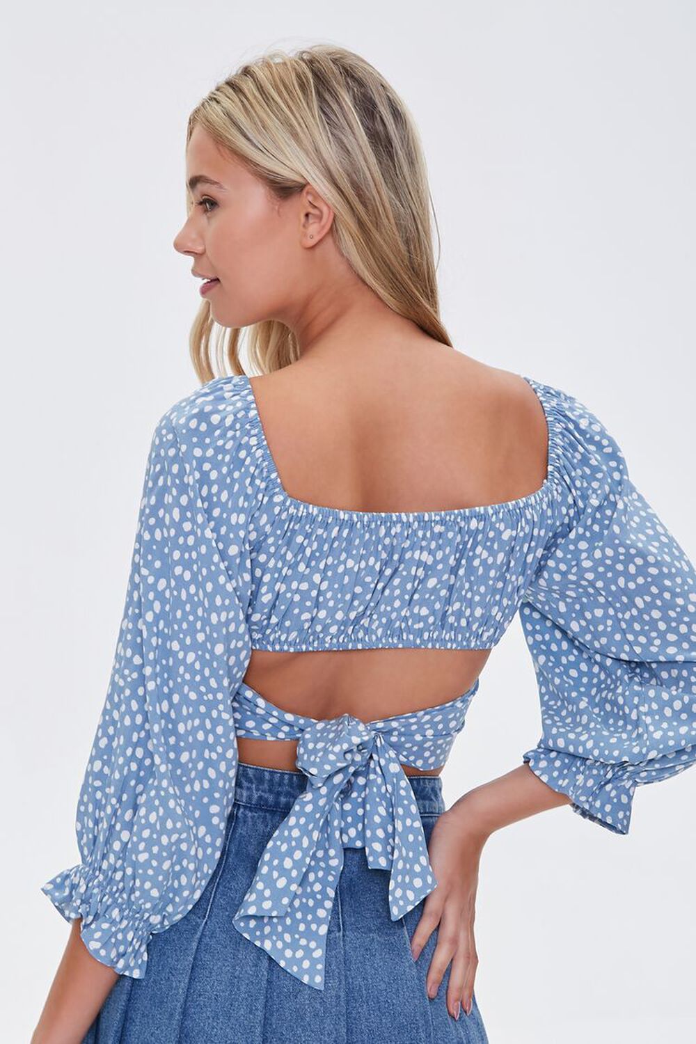 BLUE/WHITE Spotted Print Bow Crop Top, image 3
