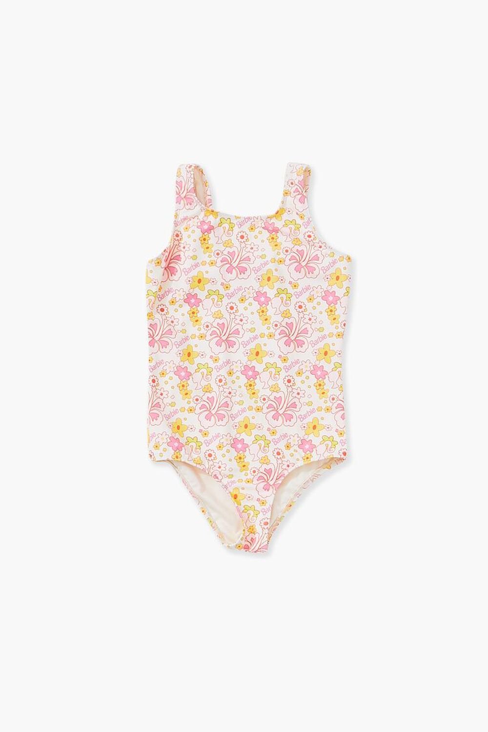 WHITE/MULTI Girls Barbie® Floral One-Piece Swimsuit (Kids), image 1