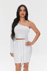 WHITE Ribbed Lace-Up Bodycon Skirt, image 1
