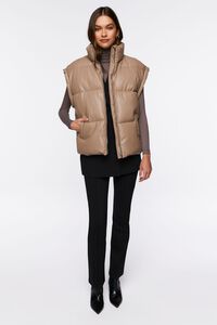 TAUPE Faux Leather Zip-Up Puffer Vest, image 4