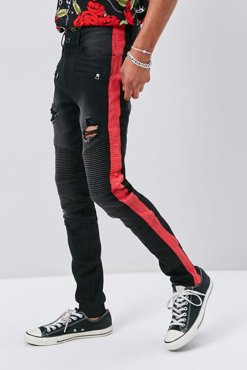WASHED BLACK/RED Side-Striped Distressed Moto Jeans, image 1