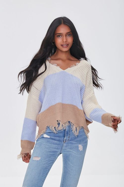 BEIGE/MULTI Frayed Colorblock Sweater, image 1