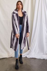 CHARCOAL/WHITE Belted Faux Fur Longline Coat, image 4