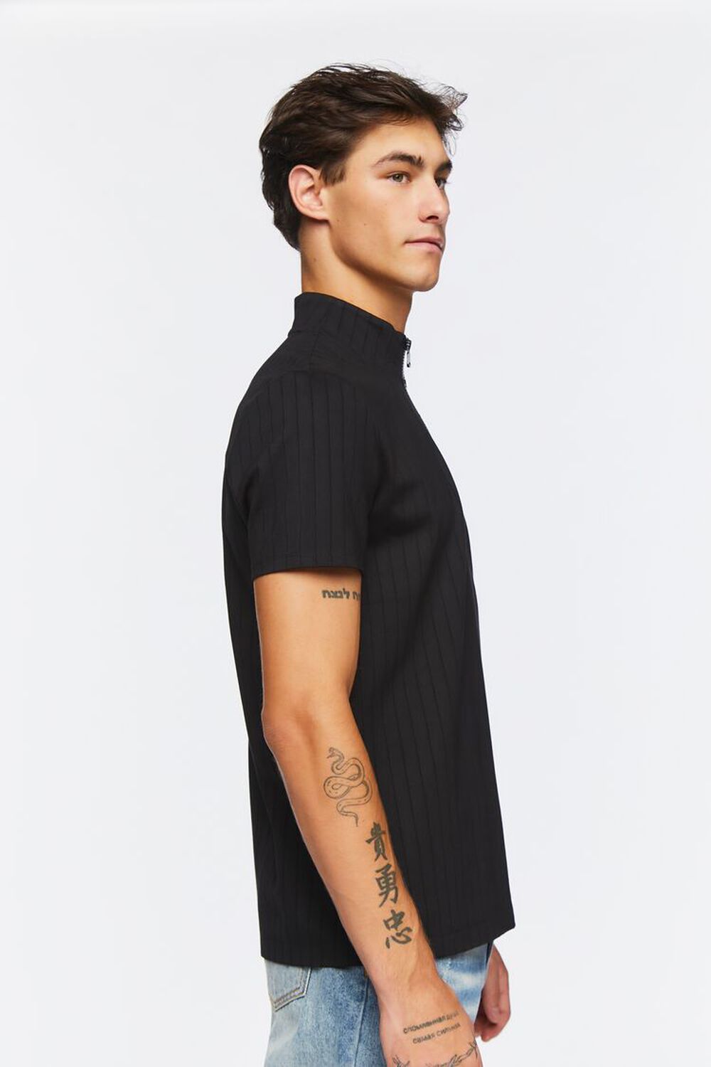 BLACK Half-Zip Textured Funnel Neck Shirt, image 2