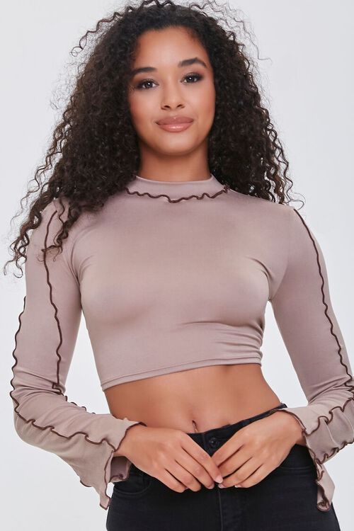 TAUPE/CHOCOLATE Lettuce-Edge Lace-Back Crop Top, image 2