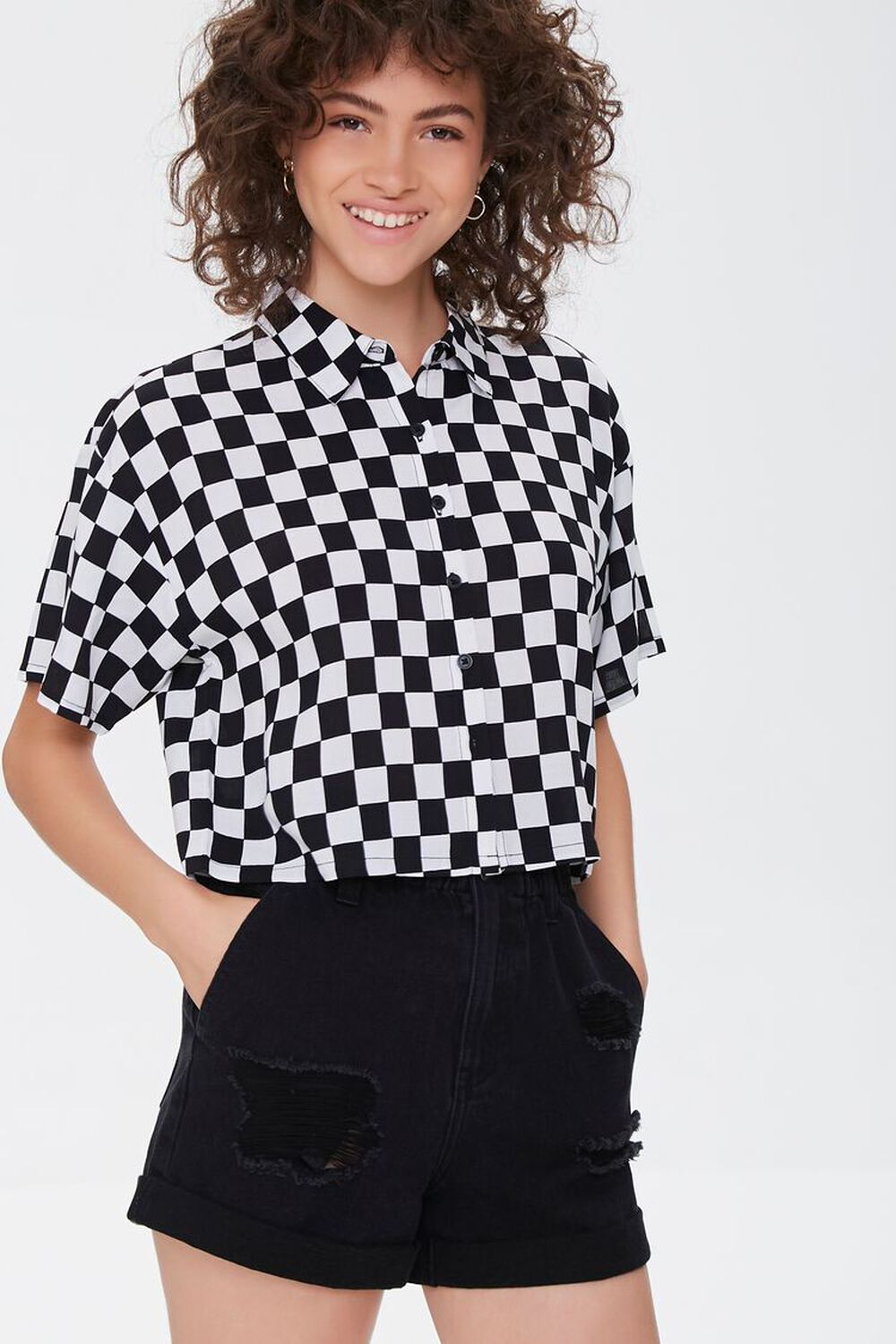 WHITE/BLACK Checkered Print Shirt, image 1