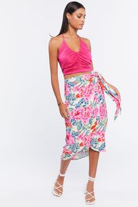 WHITE/PINK Floral Midi Mock Wrap Skirt, image 5
